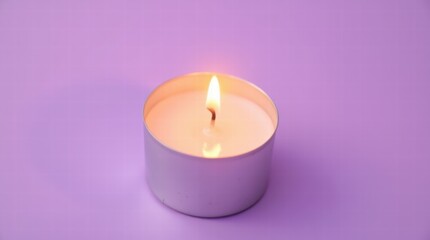 Wall Mural - A single lit candle with a heart-shaped flame reflection on a pastel purple background