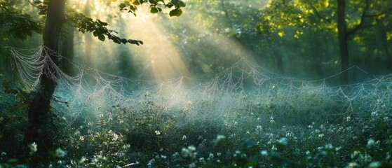Captivating macro perspective of dew-covered spider webs in a serene enchanted forest