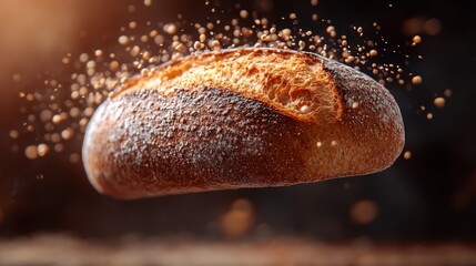 Poster - A freshly baked roll levitates against a dark background, with flour dust swirling around it, capturing the essence of a warm and inviting bakery scene.