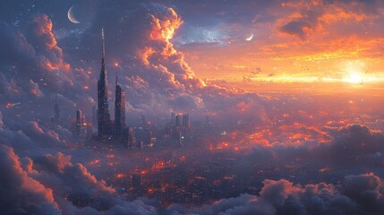 Canvas Print - Futuristic city glowing amidst sunset clouds, celestial bodies.