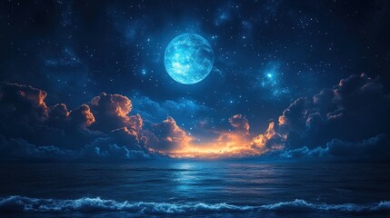 Wall Mural - Night sky, ocean waves, blue moon, starry clouds.