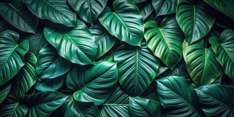 Wall Mural - Dark green tropical leaves background, tropical, lush, foliage, vegetation, nature, jungle, plants, vibrant, colorful