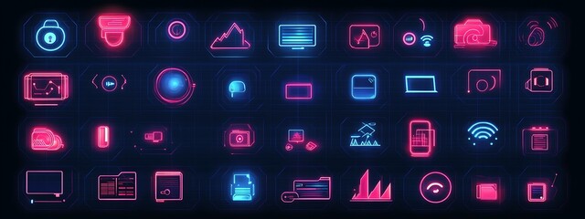 Neon glowing tech icons set on dark background.