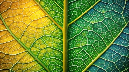 Wall Mural - Close-up of leaf veins split into green and yellow halves, nature, close-up, leaf, veins, plant, green, yellow, texture, detail