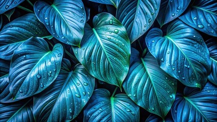 Wall Mural - Wet fresh tropical blue leaves background, tropical, wet, fresh, leaves, background, greenery, nature, exotic, vibrant