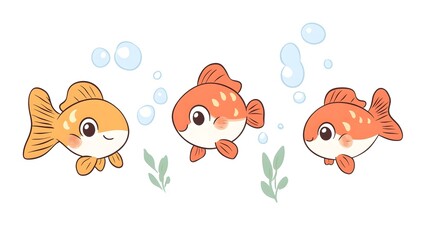 Poster - Three Cute Cartoon Goldfish Swimming In Bubbles