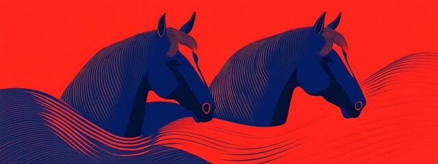 Two stylized horses' heads emerge from red wavy lines.