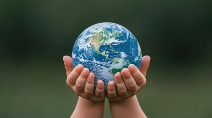Child's Hands Holding Earth Globe in Nature: Environment Concept