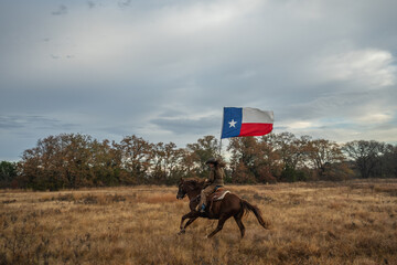 Woman Wearing Cowboy Hat Riding Running Horse While Holding Large Texas Flag In Grassy Field With Cloudy Sky