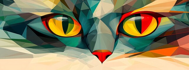 Canvas Print - Abstract polygonal cat face close-up, vibrant colors, captivating eyes.