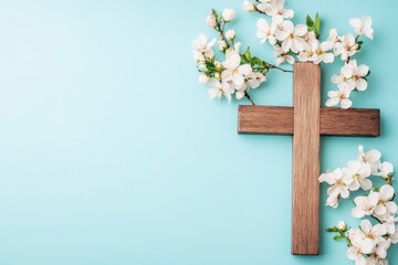 Poster - Wooden cross with spring flowers on blue background with copy space. Religion background. Religious church holidays. Christianity Feast, Easter, Palm Sunday, Christening, church wedding. Flat lay 