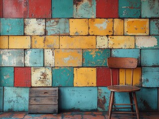 Wall Mural - Rustic chair, aged colorful wall, wooden crate.