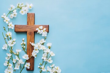 Poster - Wooden cross with spring flowers on blue background with copy space. Religion background. Religious church holidays. Christianity Feast, Easter, Palm Sunday, Christening, church wedding. Flat lay 