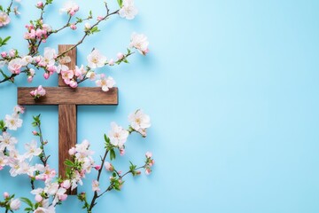 Poster - Wooden cross with spring flowers on blue background with copy space. Religion background. Religious church holidays. Christianity Feast, Easter, Palm Sunday, Christening, church wedding. Flat lay 