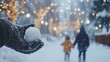 © Rifqi - Christmas Day Stroll, A Snowy Family Outing with Playful Children, a Handful of Snow, and Twinkling Festive Lights in a Winter Wonderland Scene