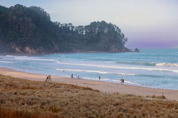 Wall Mural - Onemana, Coromandel Peninsula, New Zealand, Peaceful beach scene at dawn. Fishermen cast lines while others enjoy the waves. Tranquil coastal morning.