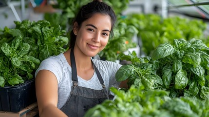 Aufkleber - Portrait of a young female entrepreneur managing an indoor hydroponic greenhouse using advanced smart agricultural technology solutions for efficient and sustainable plant cultivation