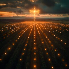 Aufkleber - Aerial perspective showcasing expansive soybean plantation with a grid of luminous digital markers hovering overhead