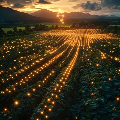 Aufkleber - Aerial perspective of an expansive soybean plantation with a grid of luminous digital markers hovering overhead showcasing the application of precision agriculture technology within a detailed