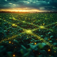 Aufkleber - Aerial perspective of a sprawling soybean field a tapestry of emerald foliage criss crossed by a glowing matrix of information