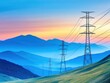 © Mnt - Stunning landscape at sunset with power lines and mountains.
