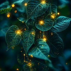 Aufkleber - Captivating closeup of lush soybean leaves with a striking overlay of glowing data points and holographic information displays