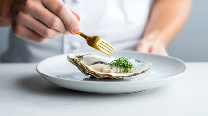 Wall Mural - Oysters are premium seafood delicacies. Elegant seafood dish being served with a fork.