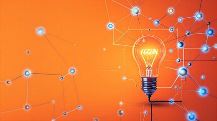 Wall Mural - glowing light bulb surrounded by a network of interconnected blue nodes on an orange background, sym