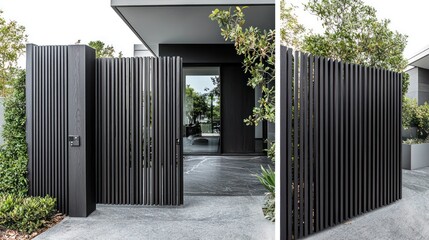 Wall Mural - Charcoal wood slat entrance gate offering a clean, modern look and secure entryway.