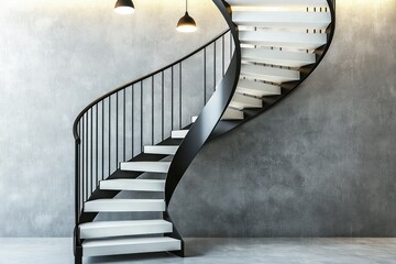 Wall Mural - Contemporary spiral staircase with white treads, black metal rails, and ambient lighting.