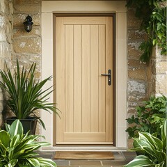 Wall Mural - Vertical grain light wood door framed by stone walls and vibrant plants for a welcoming entrance.