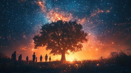 Wall Mural - Family silhouetted, large tree, vibrant sunset, starry sky.