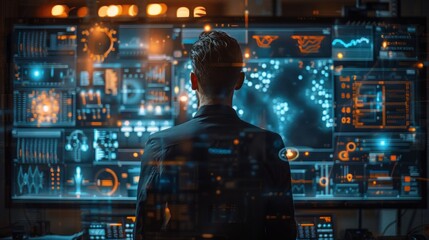 Silhouette of a person looking at a screen filled with data and charts, with orange and blue hues. AI generative. .
