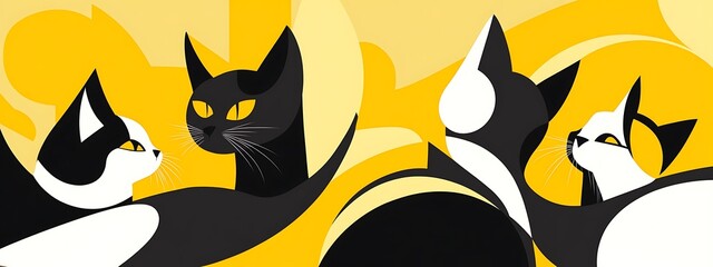 Canvas Print - Four stylized cats on yellow background.