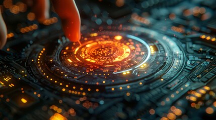 Wall Mural - a finger hovers over a glowing futuristic interface with orange lights. ai generative. .