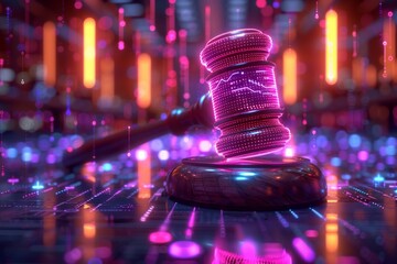 Wall Mural - bankruptcy documents under holographic gavel, advanced legal system, futuristic courtroom, neon ligh