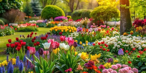 Wall Mural - Lush garden full of colorful blooming flowers in spring, spring, garden, flowers, blooming, lush, vibrant, nature, outdoor