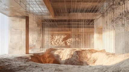 Wall Mural - Sunlit minimalist interior with exposed concrete, metal framework, and sand pit.