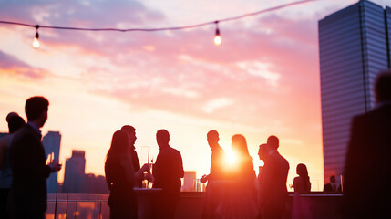 A rooftop party at sunset with silhouettes of people socializing, string lights, and a vibrant city skyline in the background.