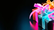 © Curioso.Photography - Vibrant wrapped gift boxes with glowing neon ribbons on a glossy black surface, creating a modern festive look.
