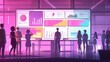 © Екатерина Каболова - Team analyzing data visualizations on an advanced digital dashboard in a futuristic pink-lit workspace.