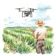 © Chanita - Drone farming innovation watercolor art of agriculture field landscape aerial view modern technology, isolated on white background