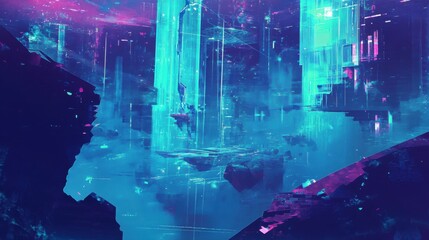 Wall Mural - abstract digital city with skyscrapers and neon lights