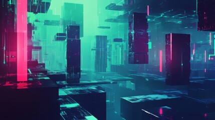 Wall Mural - abstract digital city with skyscrapers and neon lights