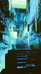 Wall Mural - abstract digital city with skyscrapers and neon lights