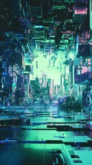 Wall Mural - abstract digital city with skyscrapers and neon lights