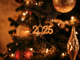 Wall Mural - 2025 ornament hanging on christmas tree new years and christmas concept