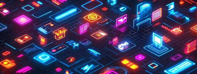 Neon glowing icons of apps and programs.