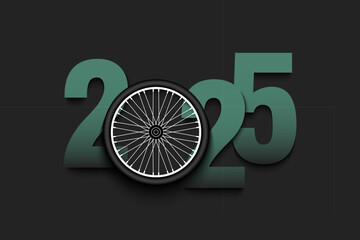 Wall Mural - New Year numbers 2025 and bike wheel on an isolated background. Creative design pattern for greeting card, banner, poster, flyer, party invitation, calendar. Vector illustration