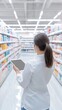 © Wanida - Female Professional in White Shirt Holding Tablet While Standing in Aisle of Modern Retail Store with Shelves Filled with Products and Bright Lighting